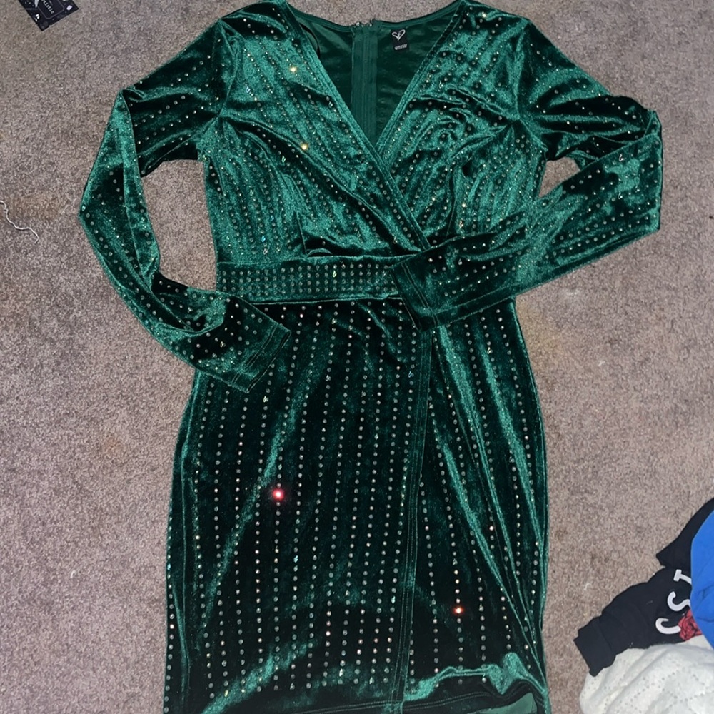Emerald green with sequence above-knee length dress deep-vee neck dress